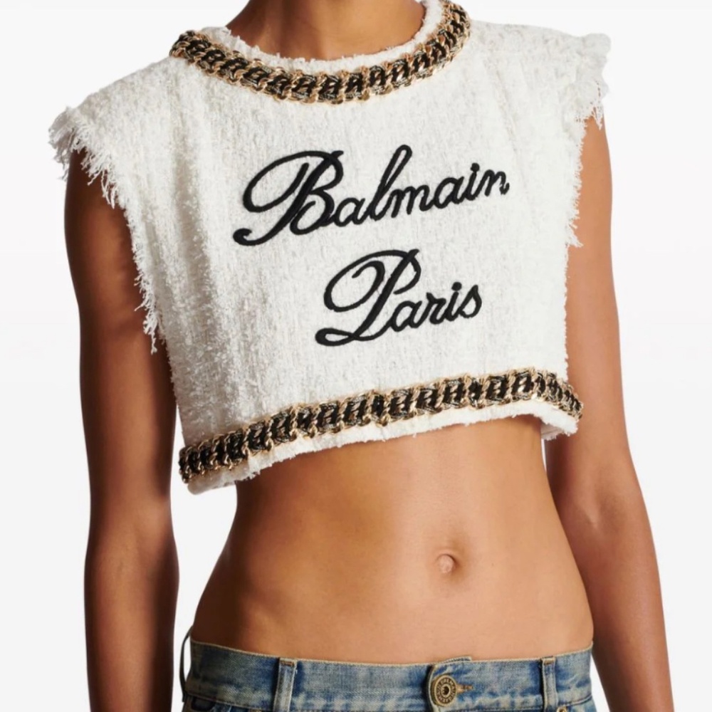 Balmain signature tweed and chain top